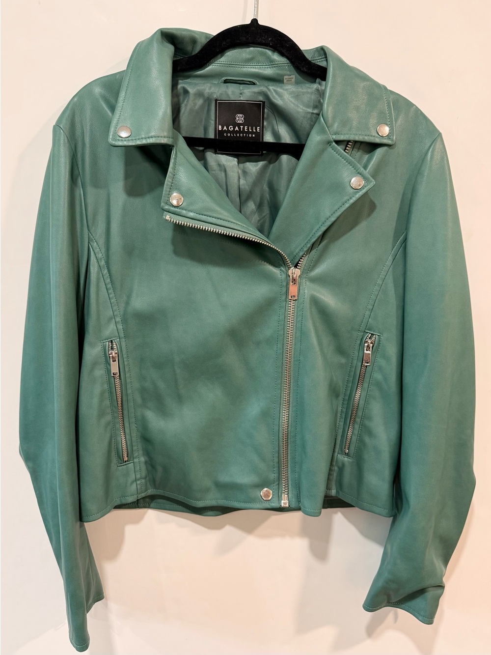 Bagatelle Collection Faux Leather Moto Biker Jacket Sage Green Teal Womens L